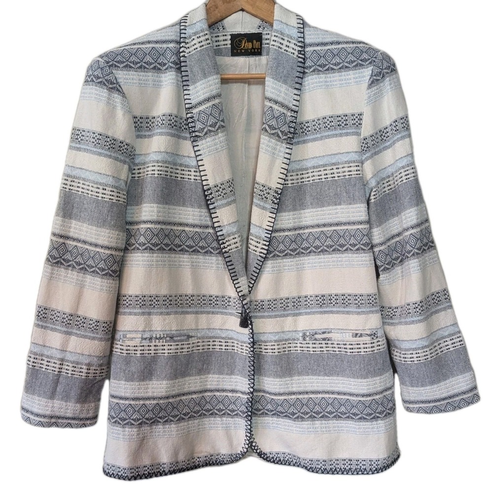 Y2K Women Medium Vintage Aztec Blanket Jacket Denim Blue White Coastal‎ Denver